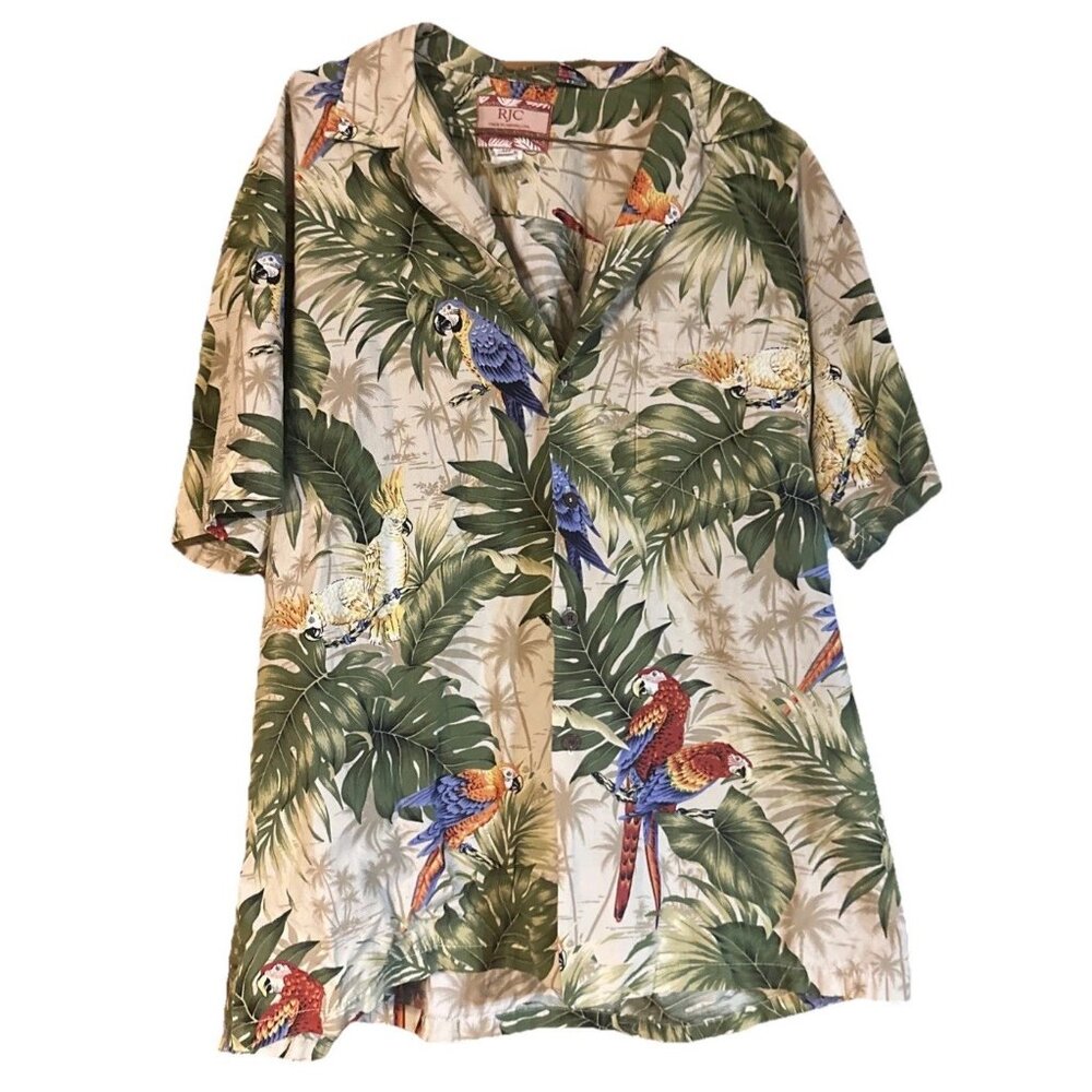 RJC Button Up Shirt Mens XL Beige Short Sleeve Hawaiian Floral Aloha Collared
